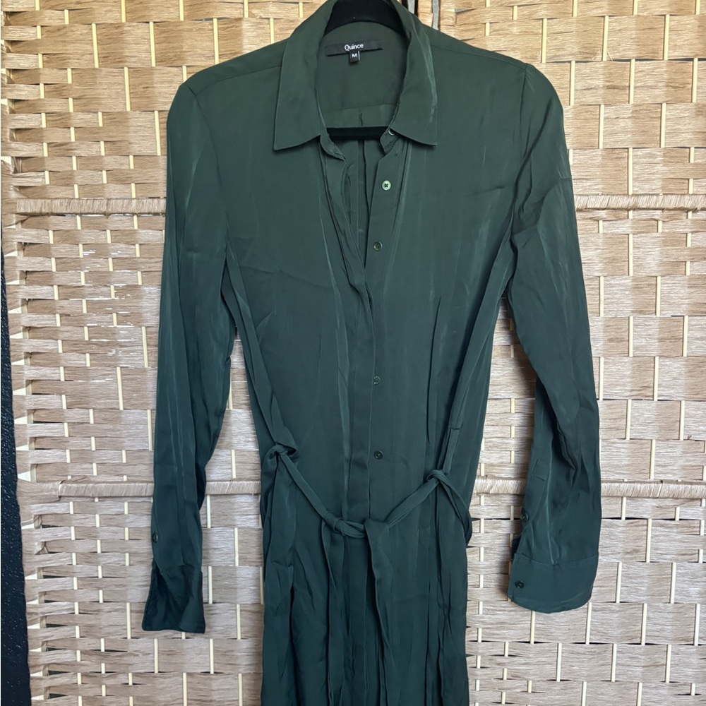 Quince Dark Green Long Sleeve washable silk Shirt Dress